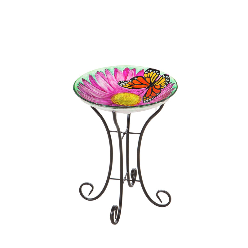 Evergreen Bird Bath,18" Solar Hand Painted Embossed Glass Bird Bath with Stand, Butterfly,18x18x21 Inches