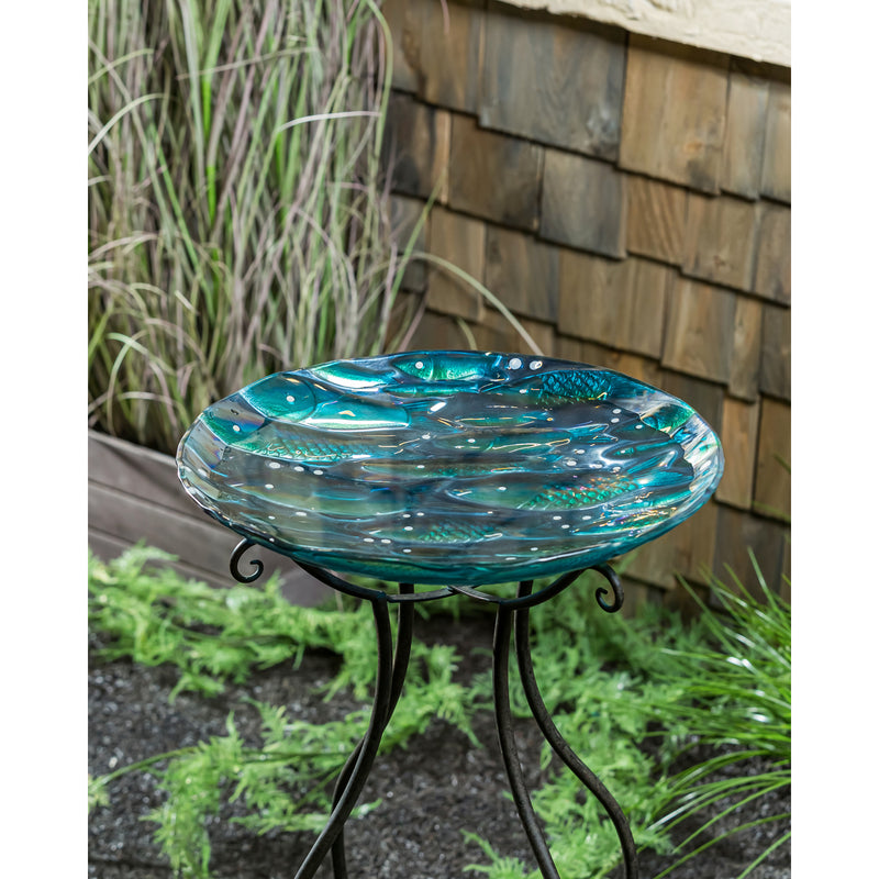 18" Hand Painted Embossed Glass Bird Bath, Metallic Fish, 18.11"x18.11"x1.57"inches