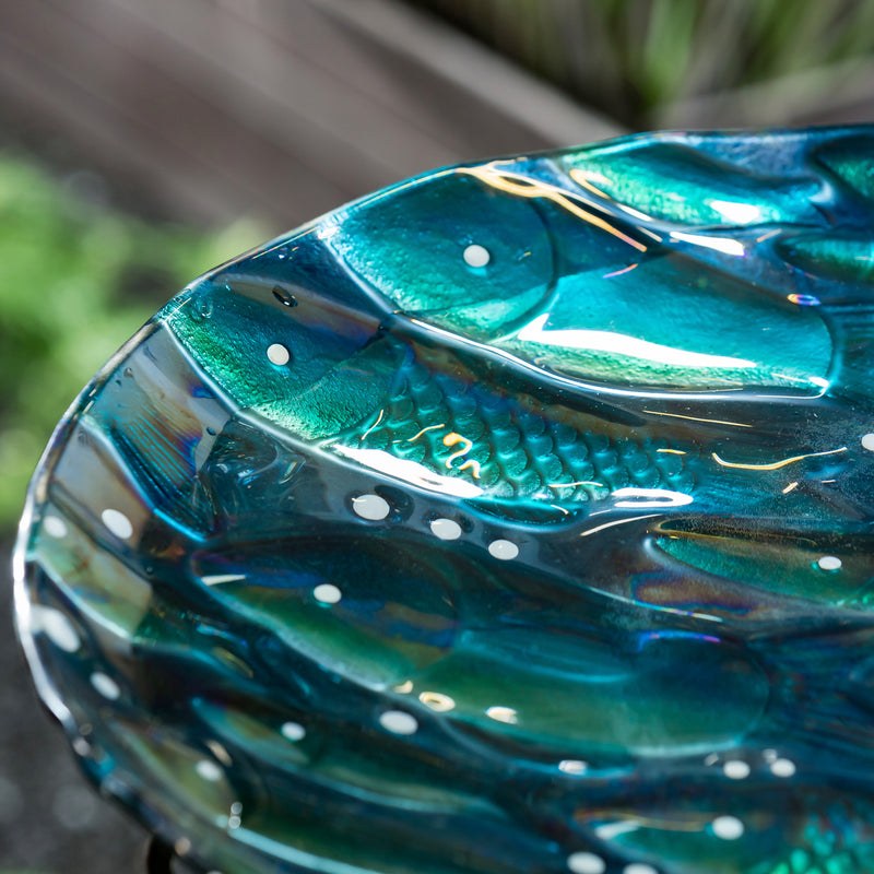 18" Hand Painted Embossed Glass Bird Bath, Metallic Fish, 18.11"x18.11"x1.57"inches