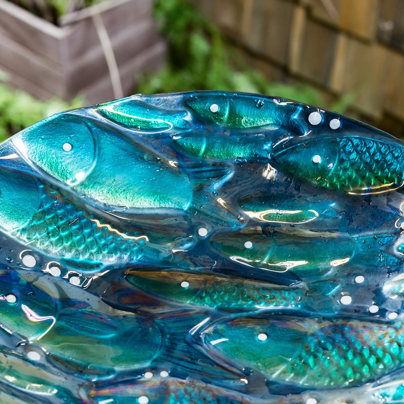 18" Hand Painted Embossed Glass Bird Bath, Metallic Fish, 18.11"x18.11"x1.57"inches