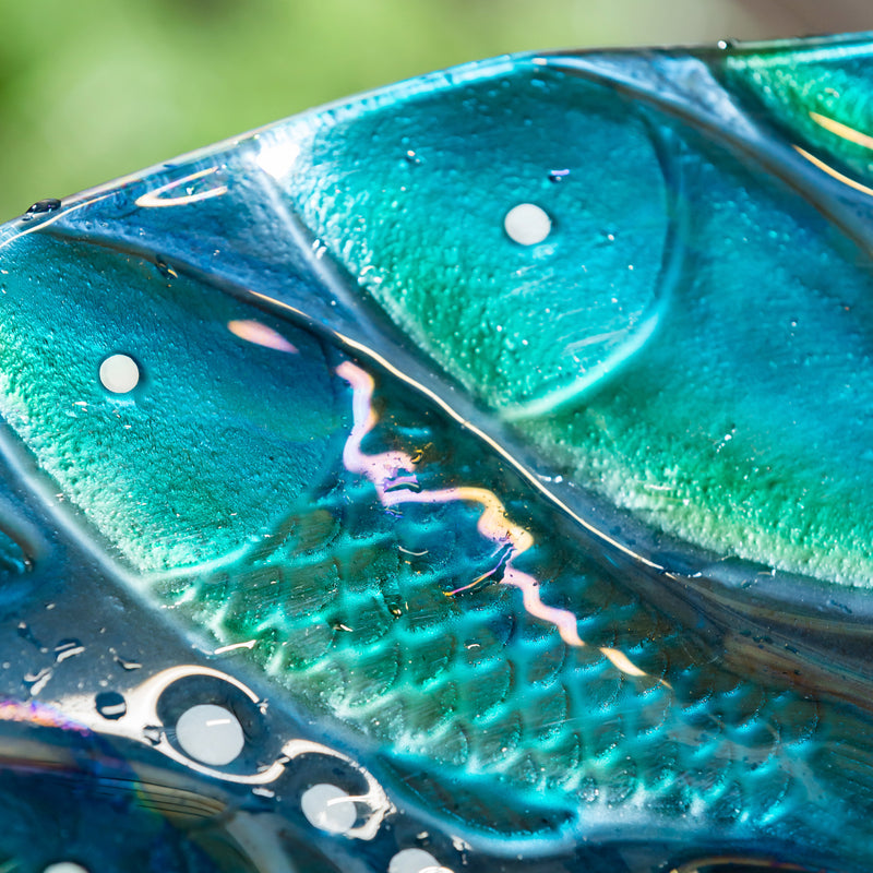 Evergreen Bird Bath,18" Hand Painted Embossed Glass Bird Bath, Metallic Fish,18.11x18.11x1.57 Inches