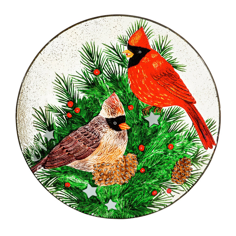 18" Hand Painted Embossed Glass Bird Bath, Cardinals and Winter Spruce, 18.11"x18.11"x1.57"inches