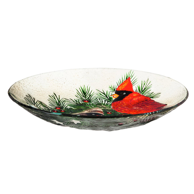 18" Hand Painted Embossed Glass Bird Bath, Cardinals and Winter Spruce, 18.11"x18.11"x1.57"inches