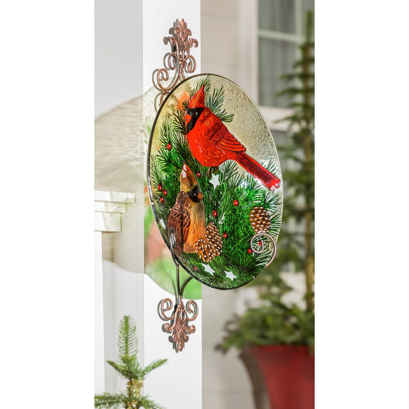18" Hand Painted Embossed Glass Bird Bath, Cardinals and Winter Spruce, 18.11"x18.11"x1.57"inches