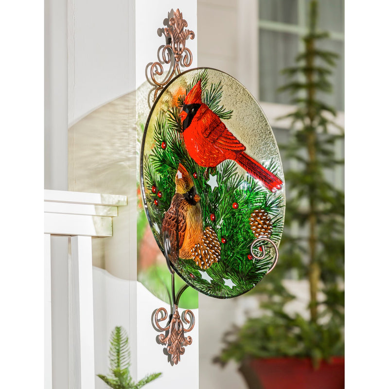 18" Hand Painted Embossed Glass Bird Bath, Cardinals and Winter Spruce, 18.11"x18.11"x1.57"inches