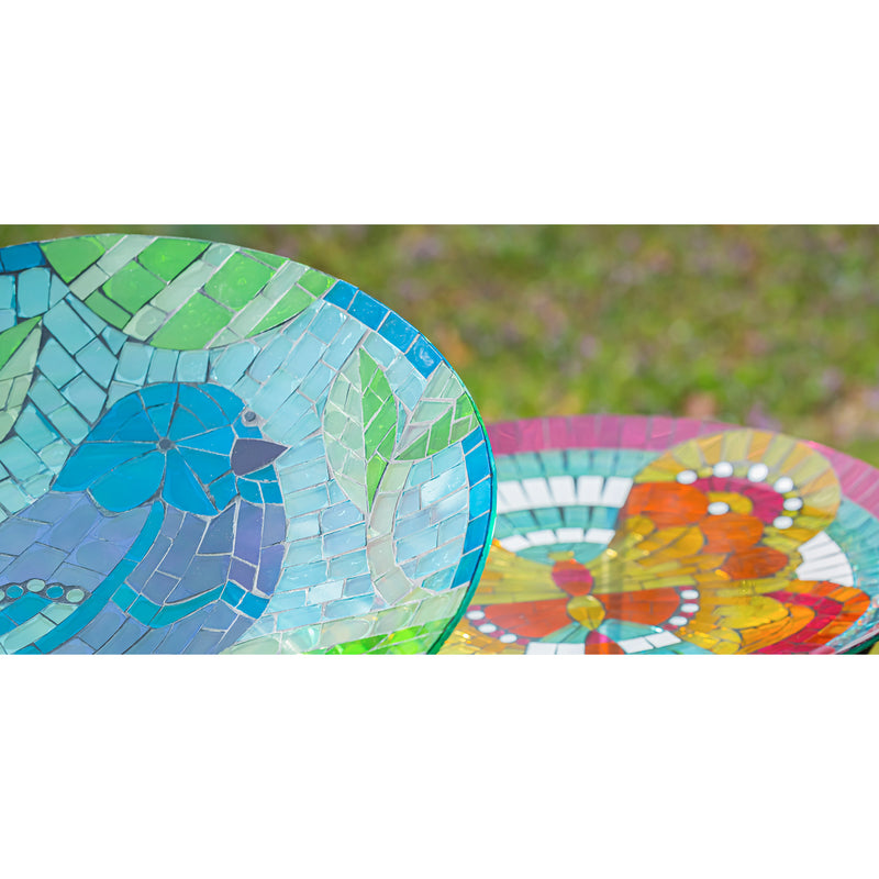 Evergreen 18" Translucent Mosaic Bird Bath, Peaceful Blue Bird, 18'' x 18'' x 2''