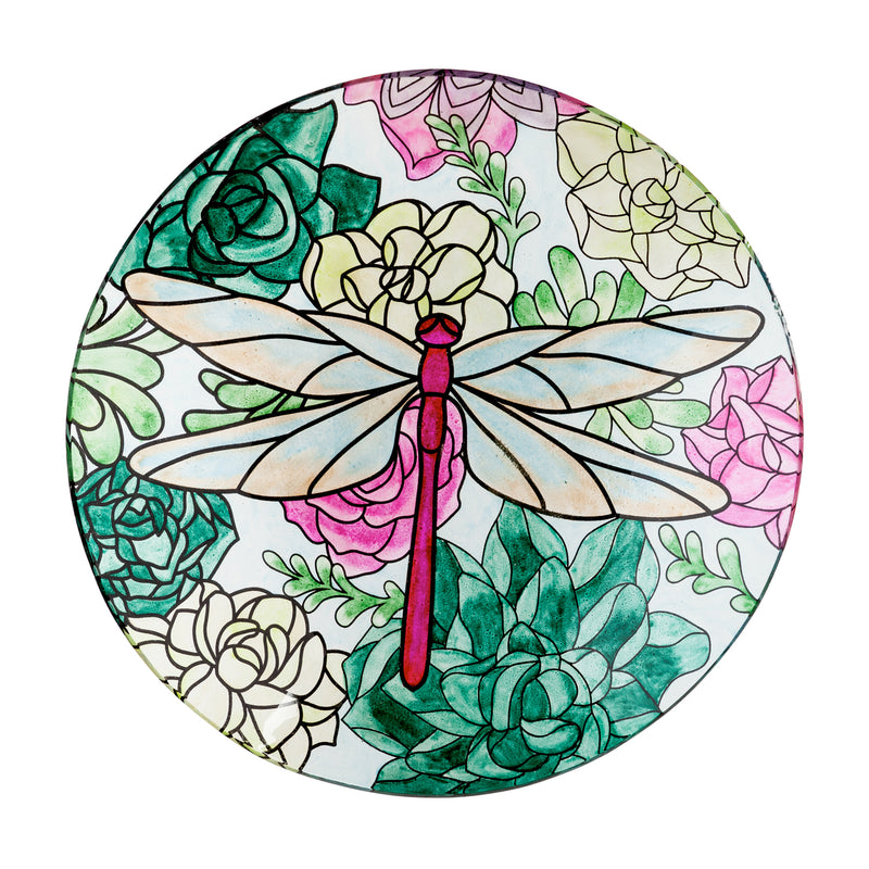 Evergreen 16" Glass Bird Bath withStand, Dragonfly on Succulents, 16'' x 16'' x 18.1''