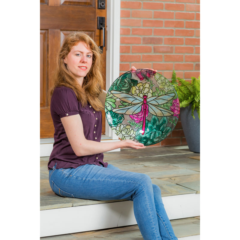 Evergreen 16" Glass Bird Bath withStand, Dragonfly on Succulents, 16'' x 16'' x 18.1''