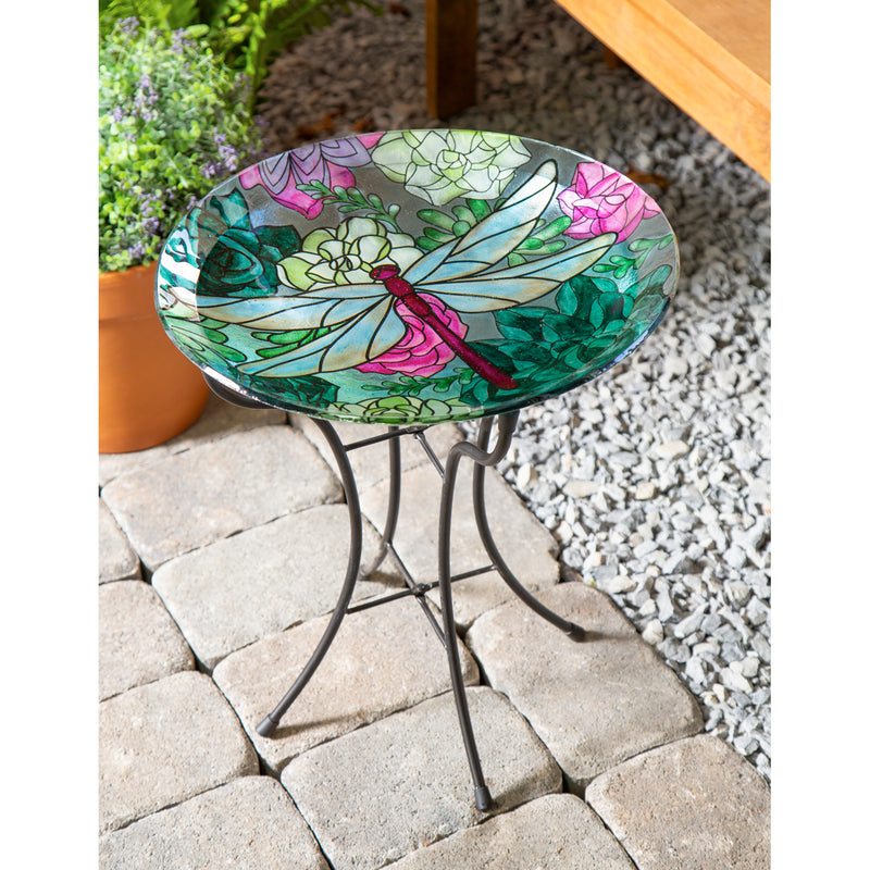 Evergreen 16" Glass Bird Bath withStand, Dragonfly on Succulents, 16'' x 16'' x 18.1''