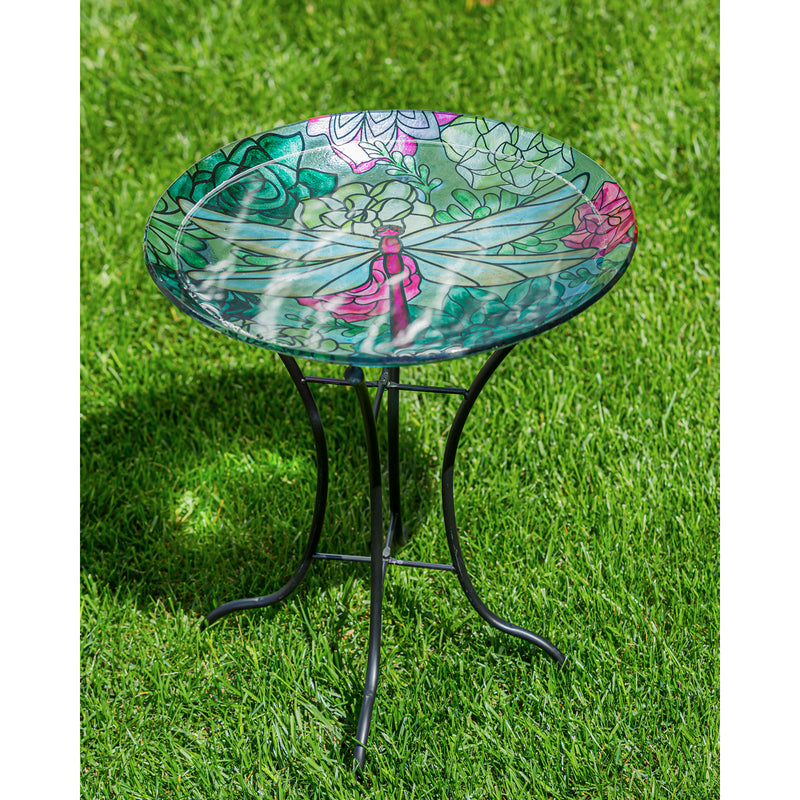 Evergreen 16" Glass Bird Bath withStand, Dragonfly on Succulents, 16'' x 16'' x 18.1''