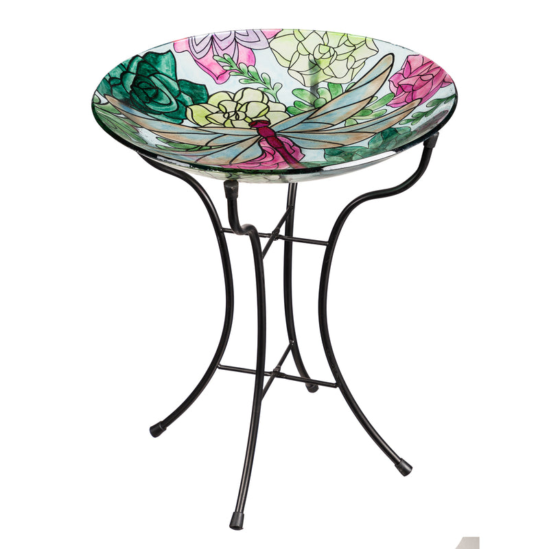 Evergreen 16" Glass Bird Bath withStand, Dragonfly on Succulents, 16'' x 16'' x 18.1''