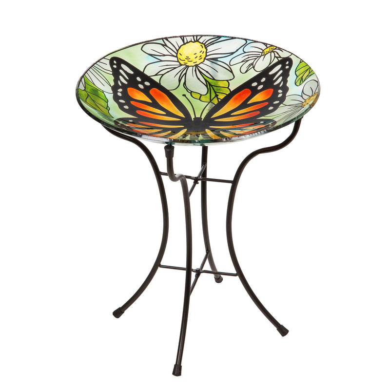Evergreen 16" Glass Bird Bath withStand, Monarch Butterfly among Daisies, 16'' x 16'' x 18.1''