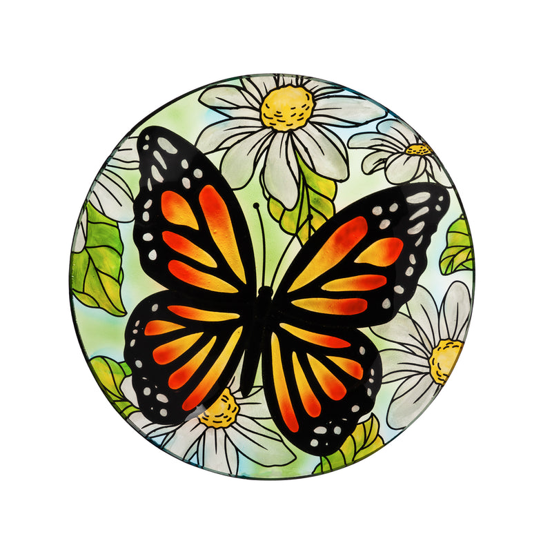 Evergreen 16" Glass Bird Bath withStand, Monarch Butterfly among Daisies, 16'' x 16'' x 18.1''