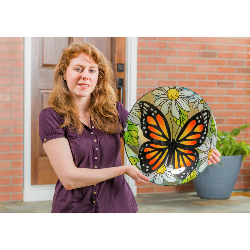 Evergreen 16" Glass Bird Bath withStand, Monarch Butterfly among Daisies, 16'' x 16'' x 18.1''