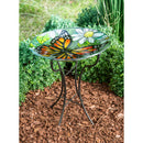 16" Glass Bird Bath w/Stand, Monarch Butterfly among Daisies,2gb6884