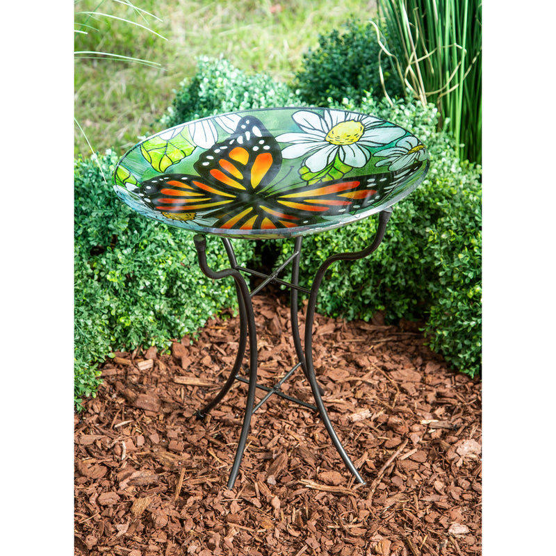 Evergreen 16" Glass Bird Bath withStand, Monarch Butterfly among Daisies, 16'' x 16'' x 18.1''