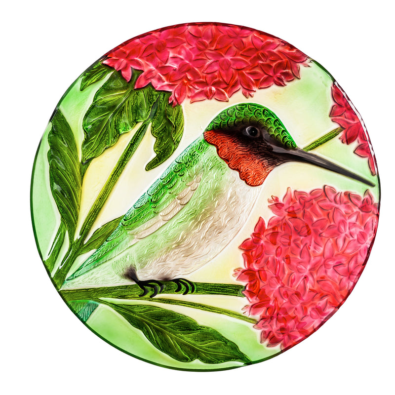 Evergreen 18" Hand Painted Embossed Glass Bird Bath, Hummingbird with Red Lupine Florals, 18.1'' x 18.1'' x 1.6''