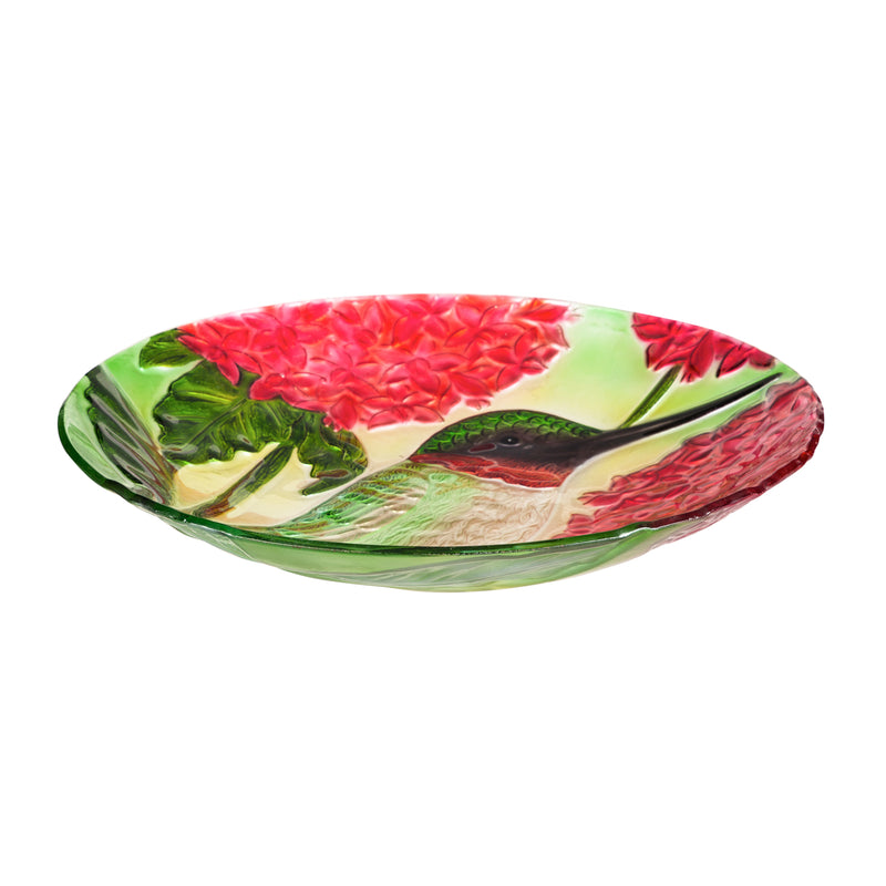 Evergreen 18" Hand Painted Embossed Glass Bird Bath, Hummingbird with Red Lupine Florals, 18.1'' x 18.1'' x 1.6''