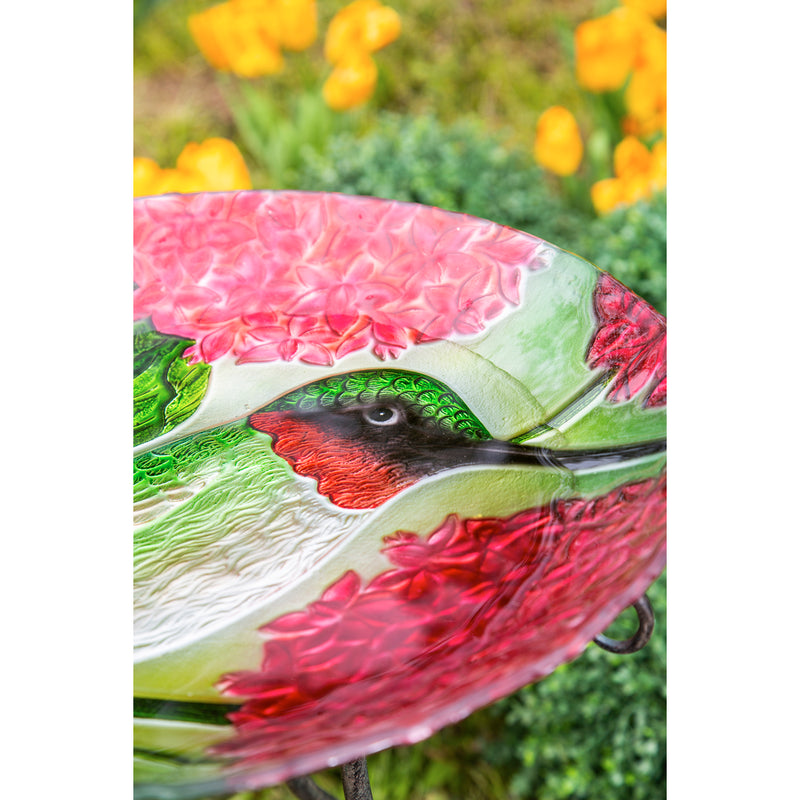 Evergreen Bird Bath,18" Hand Painted Embossed Glass Bird Bath, Hummingbird with Red Lupine Florals,18.11x18.11x1.57 Inches