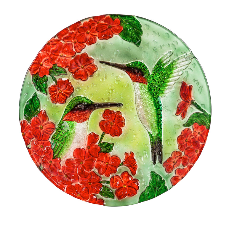 Evergreen 18" Hand Painted Bird Bath with Crushed Glass, Happy Hummingbirds, 18.1'' x 18.1'' x 1.6''