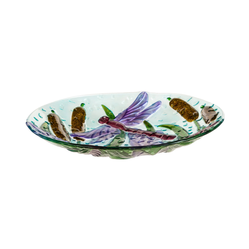 18" Hand Painted Bird Bath with Crushed Glass, Dragonflies over Cattails,2gb6888