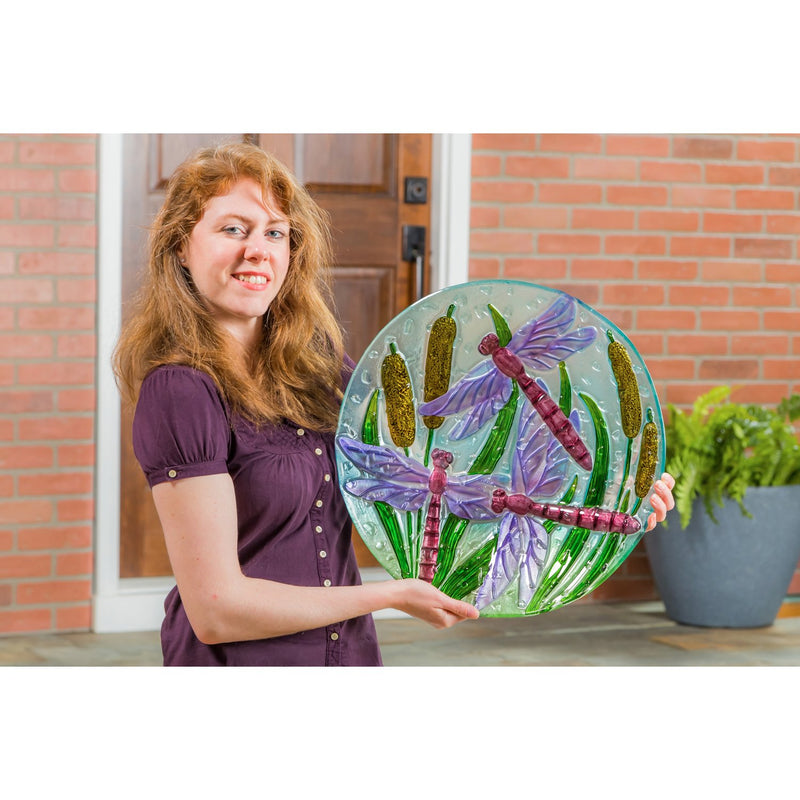 18" Hand Painted Bird Bath with Crushed Glass, Dragonflies over Cattails, 18.11"x18.11"x1.57"inches