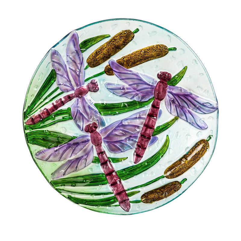 18" Hand Painted Bird Bath with Crushed Glass, Dragonflies over Cattails,2gb6888