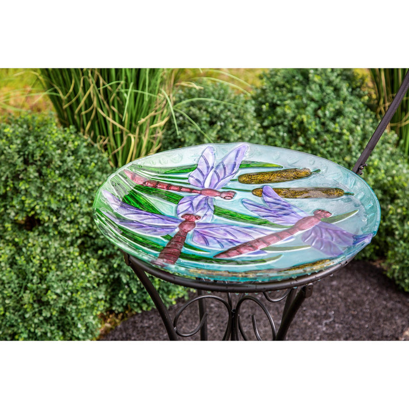 18" Hand Painted Bird Bath with Crushed Glass, Dragonflies over Cattails, 18.11"x18.11"x1.57"inches