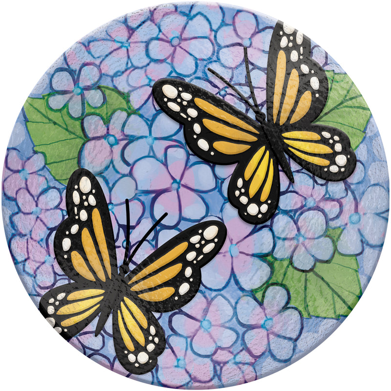 Evergreen 18" Hand Painted Embossed Glass Bird Bath, Monarchs in Purple Hydrangeas, 18.1'' x 18.1'' x 1.6''