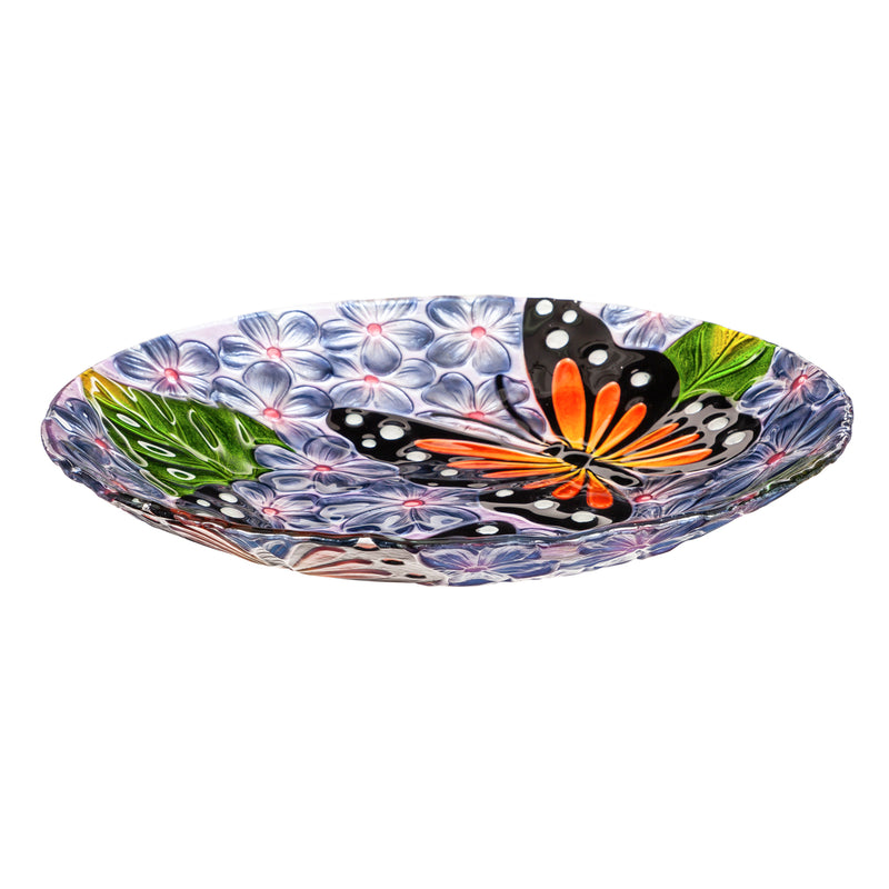 Evergreen 18" Hand Painted Embossed Glass Bird Bath, Monarchs in Purple Hydrangeas, 18.1'' x 18.1'' x 1.6''