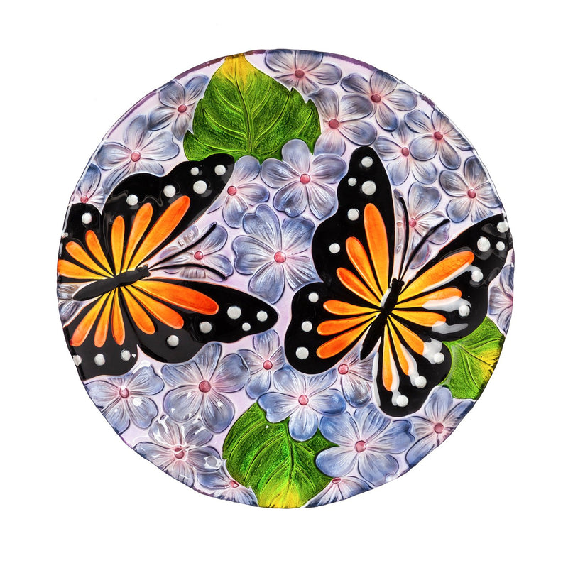 Evergreen 18" Hand Painted Embossed Glass Bird Bath, Monarchs in Purple Hydrangeas, 18.1'' x 18.1'' x 1.6''