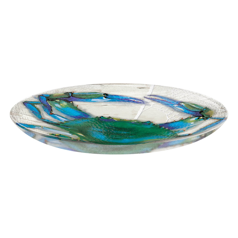 Evergreen 18" Hand Painted Embossed Glass Bird Bath, Blue Crab, 18'' x 18'' x 2''