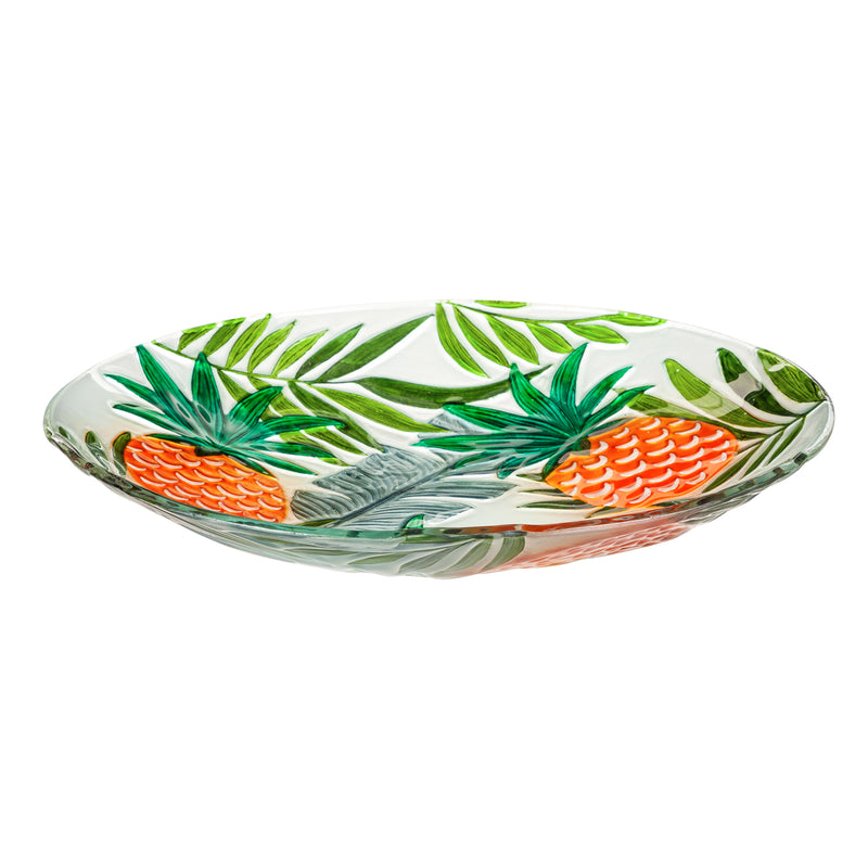 Evergreen 18" Hand Painted Embossed Glass Bird Bath, Tropical Pineapple, 18'' x 18'' x 2''