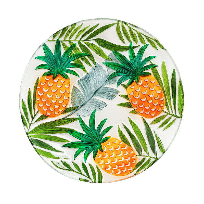 Evergreen 18" Hand Painted Embossed Glass Bird Bath, Tropical Pineapple, 18'' x 18'' x 2''