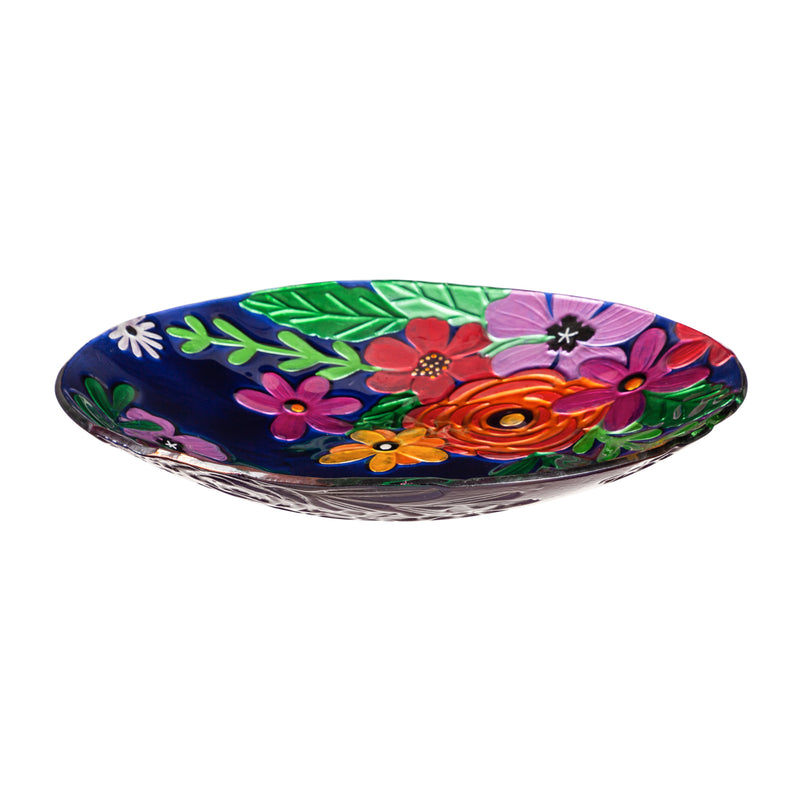 Evergreen 18" Hand Painted Embossed Glass Bird Bath, Bright Florals, 18.1'' x 18.1'' x 1.6''