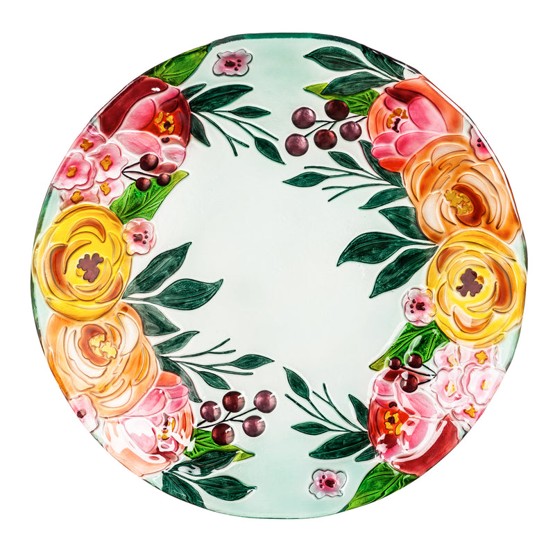 Evergreen 18" Hand Painted Embossed Glass Bird Bath, Soft Florals, 18.1'' x 18.1'' x 1.6''