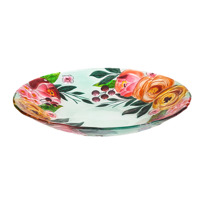 Evergreen 18" Hand Painted Embossed Glass Bird Bath, Soft Florals, 18.1'' x 18.1'' x 1.6''