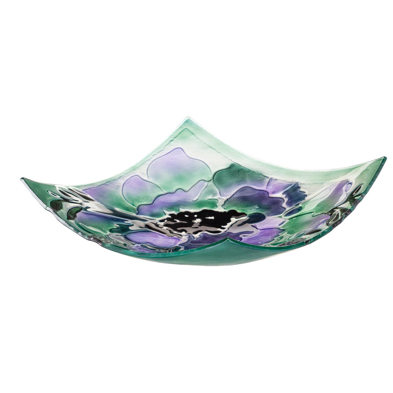 Evergreen 16.5" Hand Painted Embossed Square Glass Bird Bath, Purple Geranium, 16.5'' x 16.5'' x 2.4''