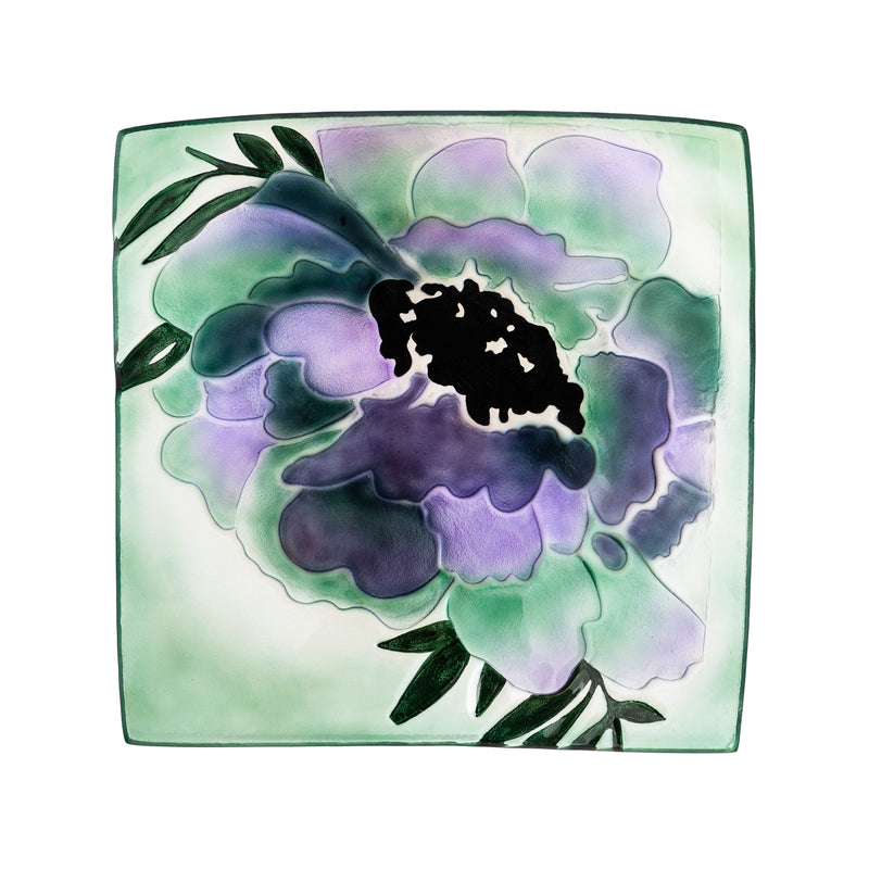 Evergreen 16.5" Hand Painted Embossed Square Glass Bird Bath, Purple Geranium, 16.5'' x 16.5'' x 2.4''