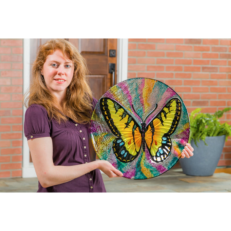 18" Hand Painted Glass Bird Bath with Oil Paint Finish, Butterfly,2gb6901