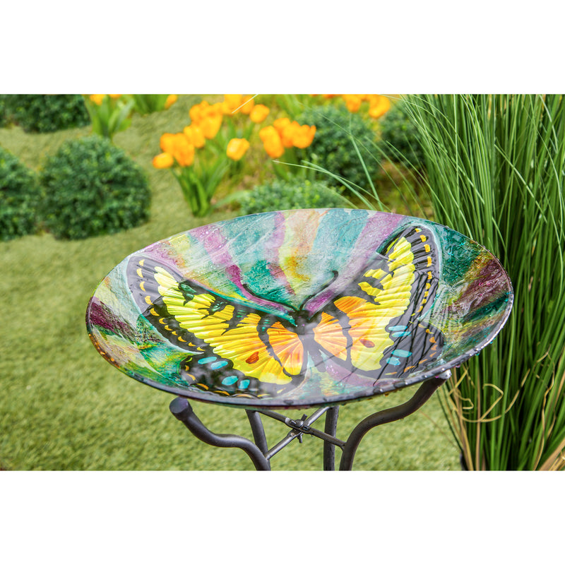 18" Hand Painted Glass Bird Bath with Oil Paint Finish, Butterfly,2gb6901