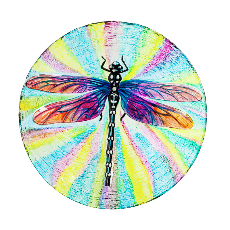 Evergreen 18" Hand Painted Glass Bird Bath with Oil Paint Finish, Dragonfly, 18'' x 18'' x 2''