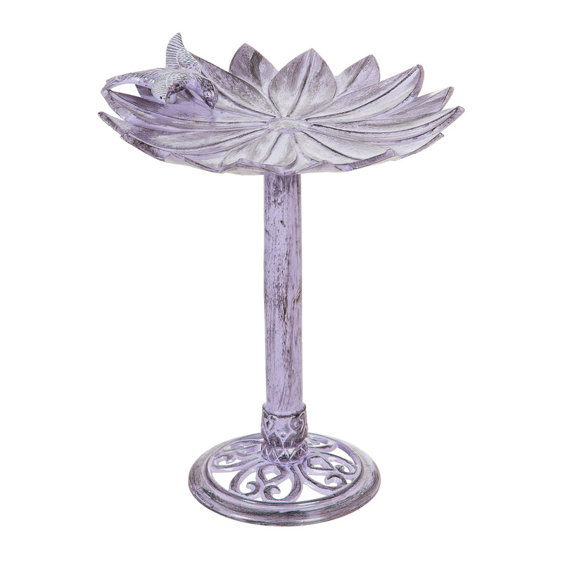 Evergreen 16" Metal Purple Floral Bird Bath with Perched Bird, 15.5'' x 16'' x 20''