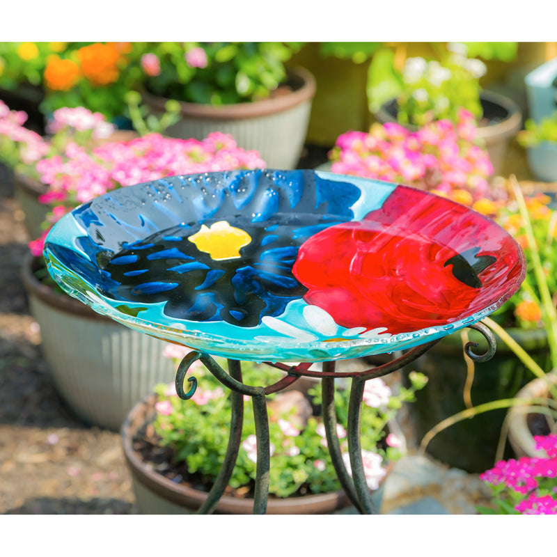 Evergreen 18" Hand Painted Embossed Glass Bird Bath, Red/White/Blue Florals, 18.1'' x 18.1'' x 1.6''