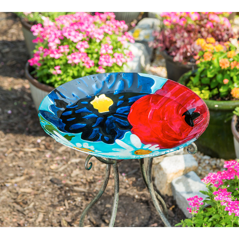 Evergreen 18" Hand Painted Embossed Glass Bird Bath, Red/White/Blue Florals, 18.1'' x 18.1'' x 1.6''