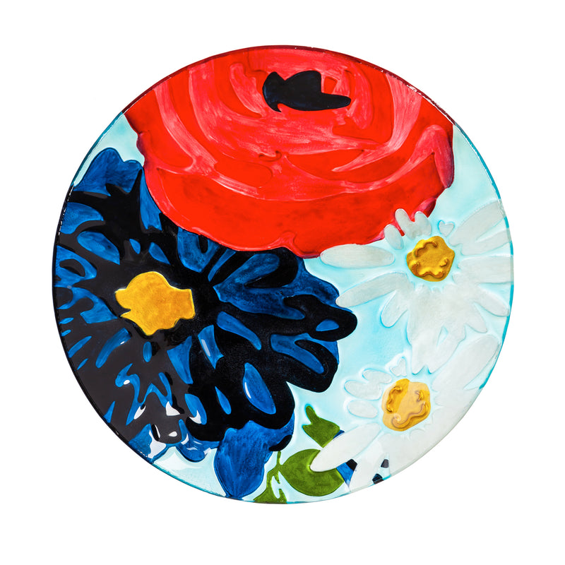 Evergreen 18" Hand Painted Embossed Glass Bird Bath, Red/White/Blue Florals, 18.1'' x 18.1'' x 1.6''