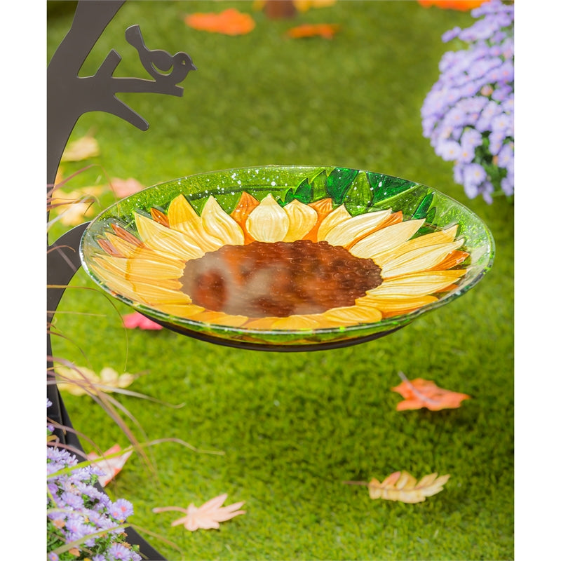 Evergreen Bird Bath,18" Hand Painted Embossed Glass Bird Bath, Fall Sunflower,18.11x18.11x1.57 Inches