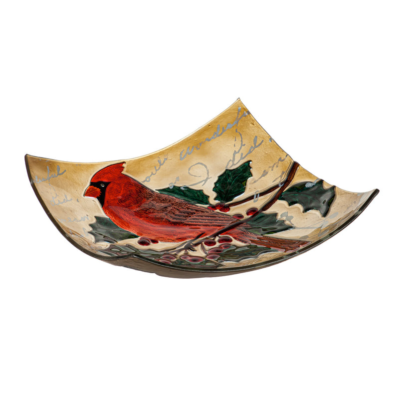 16.5" Hand Painted Embossed Square Glass Bird Bath, Holiday Cardinal,2gb6933