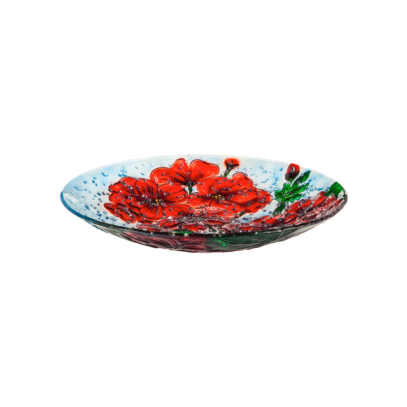 18" Hand Painted and Embossed Pebble Glass Bird Bath, Geranium,2gb6936