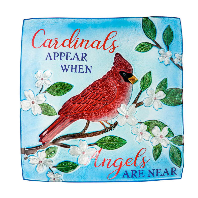 16.5" Hand Painted Embossed Square Glass Bird Bath, Cardinals Appear,2gb6952
